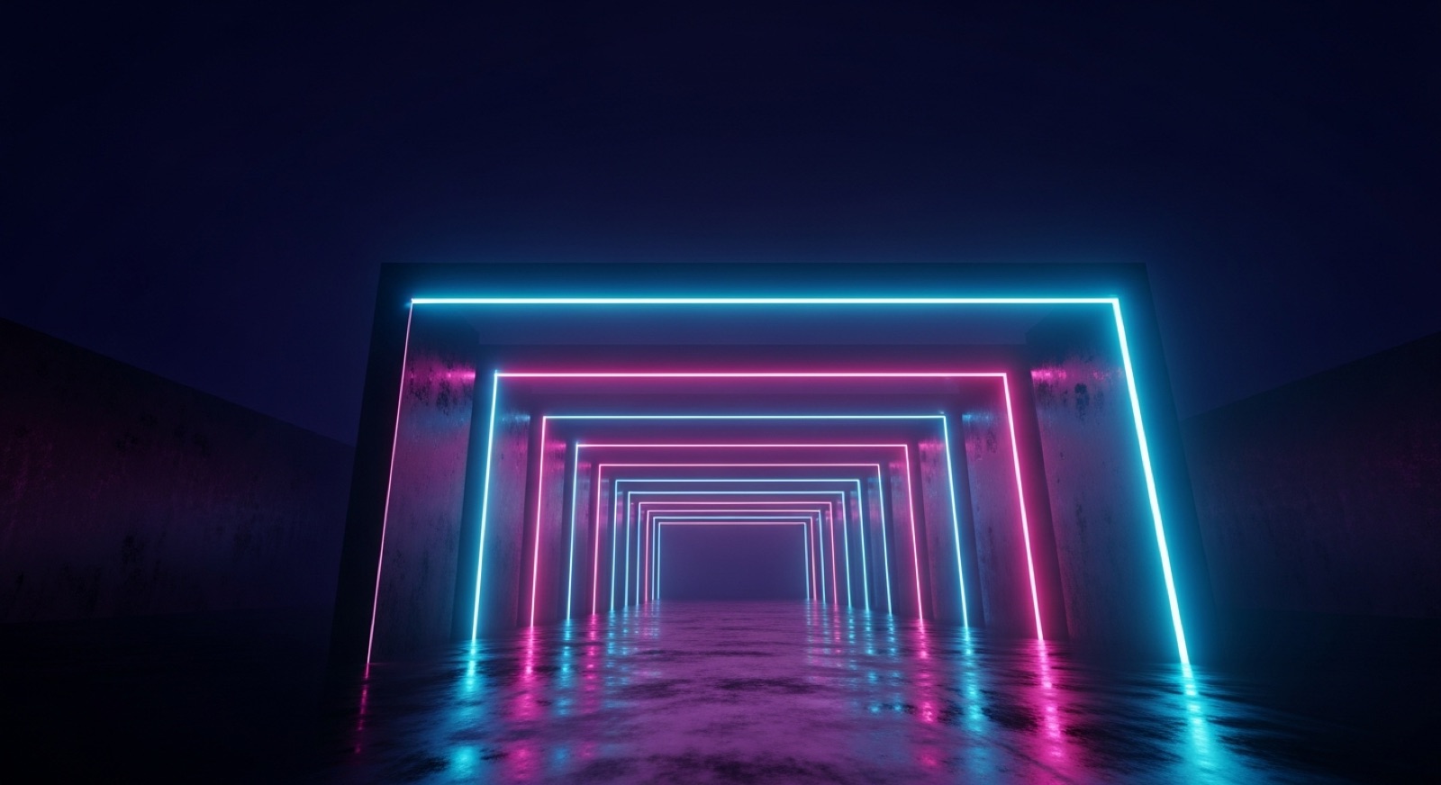 A glowing neon maze stretching into the distance under a dark sky.