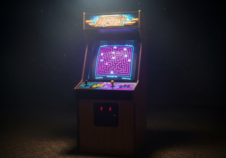 An old arcade cabinet glowing in a dark room, screen showing a top-down maze.
