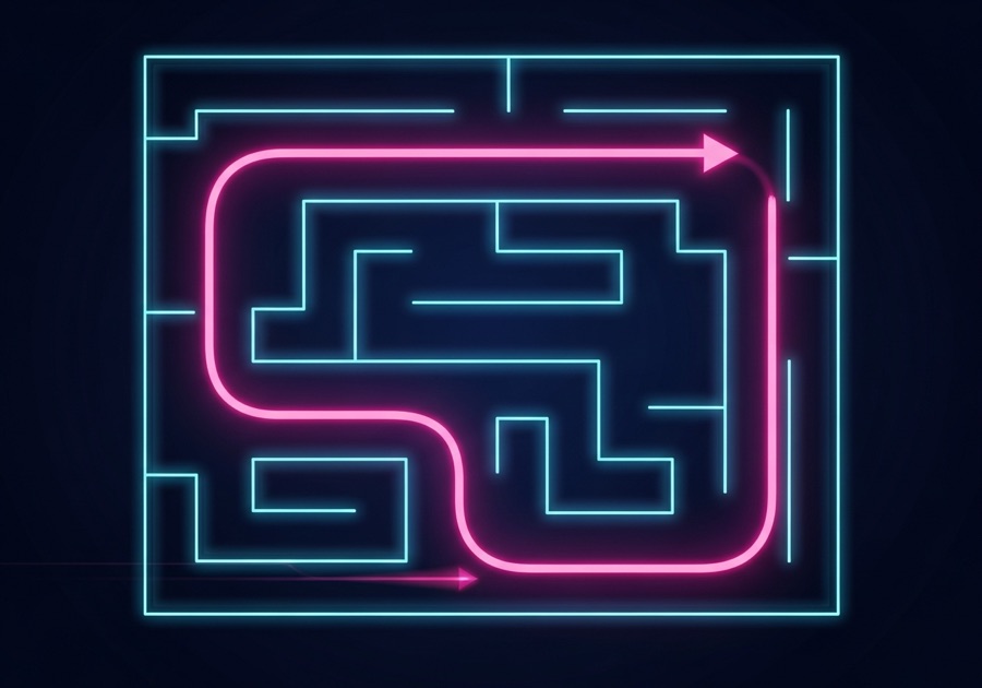 A glowing arrow tracing a route through a stylized maze.
